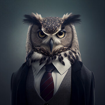 Owl in a Business Suit, Animal Businessman, Predatory Bird Dangerous Boss, Generative AI Illustration