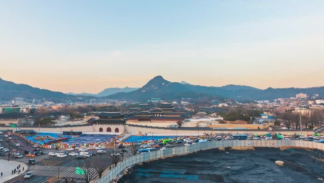 Aerial Panoramic Of Gyeongbokgung Palace And The Blue House , Seoul, South Korea
