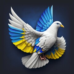 Fototapeta premium White dove with blue and yellow colours. Ukraine freedom flag. Generative AI