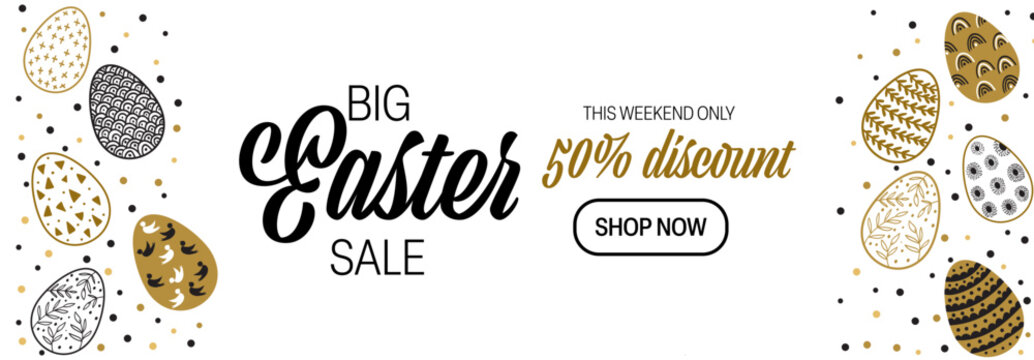 Easter holiday banner simple design. Black and gold colors. Spring sale announcement and flyer. Shopping.