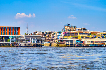 Yodpiman passenger pier and riverside restaurant on the bank of Chao Phraya river in central Bangkok, Thailand