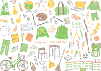 学校生活の文房具や道具のイラストセット（中学校・高校）
