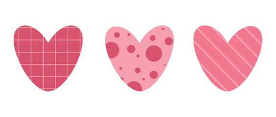 illustration of a background with three pink hearts striped, in a cage and with circles, suitable for a banner, stickers, flyers, postcards, logo