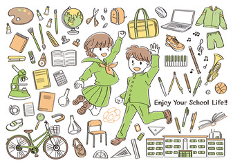 学校生活の文房具や道具と、ジャンプする制服の男子と女子のイラストセット