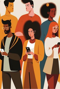 illustration, young people of different ethnicitie looking at the mobile, concept of social isolation, image generated by A