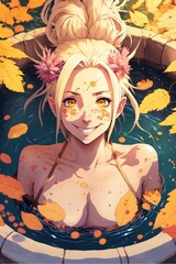 Anime young girl in japanese onsen pool illustration generative ai