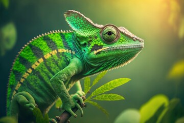 Obraz premium Chameleon on a branch. Green chameleon. Beautiful of chameleon, chameleon closeup. generative ai