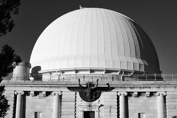 observatory in nice, big white dome, black and white photo

