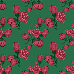 Branches with buds and blooming peonies. Seamless pattern on a green background