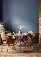 Home mockup, modern dark blue dining room interior with brown leather chairs, wooden table and decor, 3d render - 564620888
