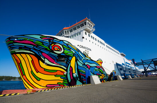 Colorful Cracovia ferry moored in the harbor. The ferry is used on the Swinoujscie (Poland) - Ronne (Denmark)  and Ystad (Sweden) routes