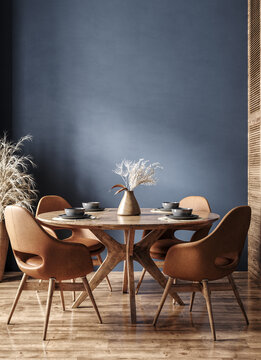 Home mockup, modern dark blue dining room interior with brown leather chairs, wooden table and decor, 3d render