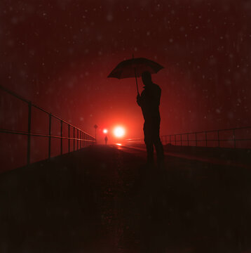 A male figure stands in the rain holding an umbrella, silhouetted against a distant light. Another mysterious figure appears in the distance.