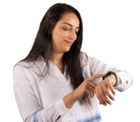 Touching smart watch, transparent png image of woman touching smart watch. Millennial caucasian businesswoman using modern technology. Checking daily to do list. Studio photo.