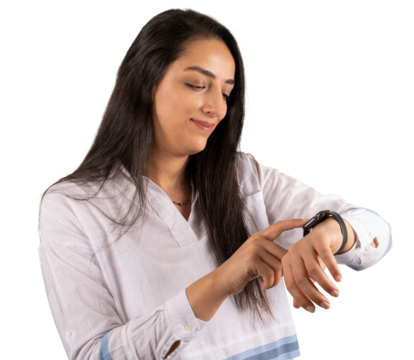 Touching smart watch, transparent png image of woman touching smart watch. Millennial caucasian businesswoman using modern technology. Checking daily to do list. Studio photo.