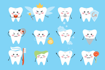 Set of teeth in kawaii style. Character teeth collection. Vector illustration. Flat cartoon style. Tooth vein, toothache, clean tooth, dental floss.