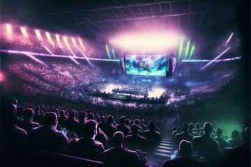 Fototapeta na wymiar An esport event with a lot of people in a stadium with neon. Generative IA