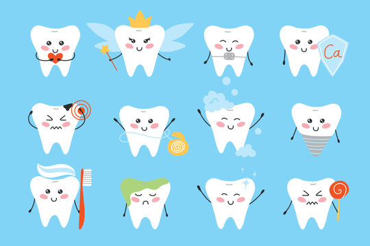 Set of teeth in kawaii style. Character teeth collection. Vector illustration. Flat cartoon style. Tooth vein, toothache, clean tooth, dental floss.