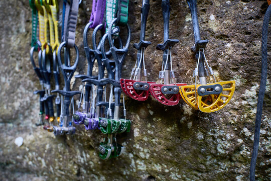 a rack of trad climing crack climbing gear