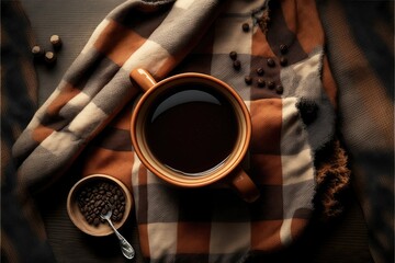 Fototapeta na wymiar cup of coffee on blanket, ai generated