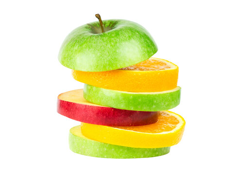 Stack of mixed fruit slices isolated on transparent background. PNG format	

