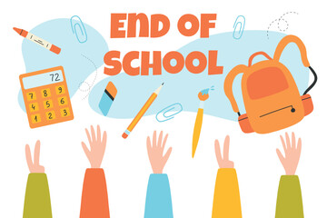 End of school. Poster banner end of school. Last day of school Graduates throw school items in the air. Vector illustration. Flat cartoon style. - obrazy, fototapety, plakaty