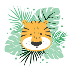 Obraz na płótnie Canvas Cute cartoon tiger and tropical leaves. Nursery print. Vector baby illustration