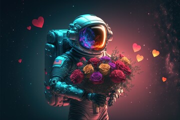 Astronaut on valentine day with roses and gift with RGB neon light effects. Valentine's day. love. Astronaut in the garden. roses. Generative AI