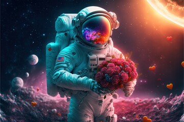 Astronaut on valentine day with roses and gift with RGB neon light effects. Valentine's day. love. Astronaut in the garden. roses. Generative AI