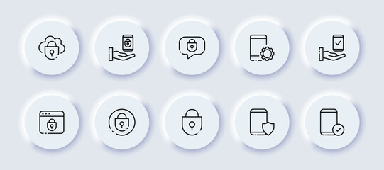 Security neomorphic line icons set. Web page, protection, password, reliability, lock, database, hand, speech bubble, smartphone, shield, checkmark. Technology concept. Vector neomorphic icons set
