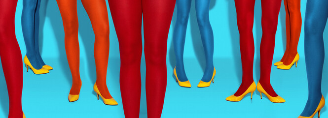 Contemporary art collage. Female legs in bright tights and yellow heeled shoes over blue background. Pop art photography. Vivid colors. Concept of creativity, imagination, artwork, lgbt, fun.