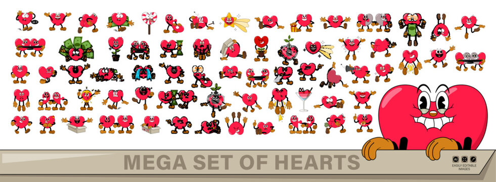 Mega set of comic red hearts characters in retro cartoon style on valentine day holiday. Cute comic hearts with funny faces emoticons in cartoon style for any life situation.