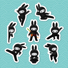 Cute bunny ninja in various poses sticker pack. Vector illustration