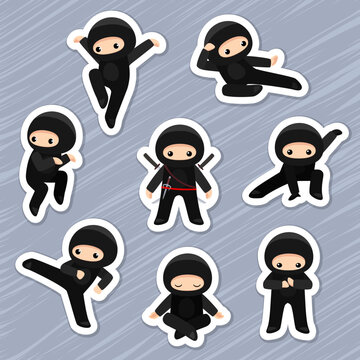 Cartoon ninja shinobi in various poses sticker pack. Vector illustration