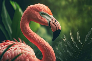 Beautiful Flamingo close up potrait. Pink Flamingo portrait. flamingo bird aviary wildlife nature animal closeup. generative ai - obrazy, fototapety, plakaty