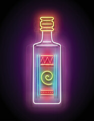 Glow bottle with Mexican tequila. Traditional ethnic alcoholic drink. Neon Light Poster, Flyer, Banner, Signboard. Glossy Background. Vector 3d Illustration 