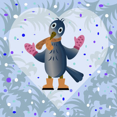 A bird in winter looking into the window