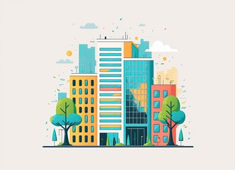 buildings, trees vector style, flat, illustration, cartoon, line, made with generative ai, office, construction