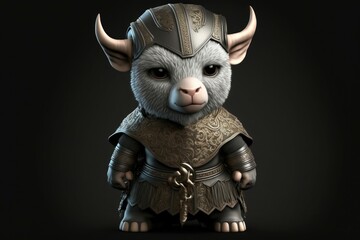 Cute goat in warrior mascot costume on black background. 12 Chinese zodiac signs horoscope concept. Generative AI