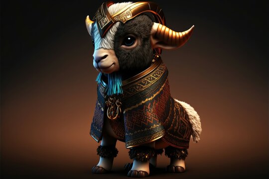 Cute goat in warrior mascot costume on black background. 12 Chinese zodiac signs horoscope concept. Generative AI