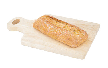 Freshly baked traditional ciabatta on cutting board on white background