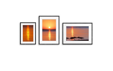 Three frames collage, colorful sunrise over the sea,  interior decor mock up