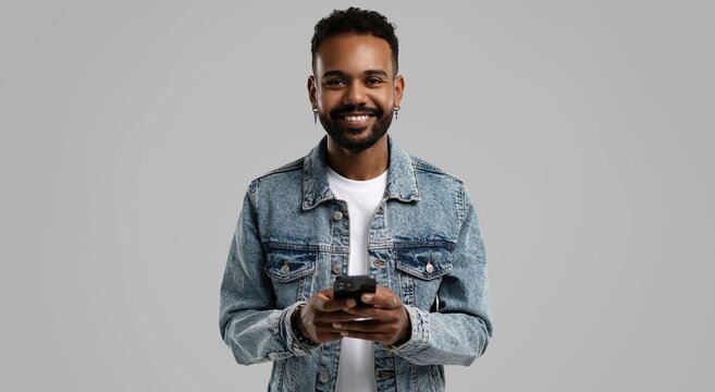 Portrait of handsome excited cheerful joyful delightful guy wearing casual sending and getting messages to his lover isolated against white background