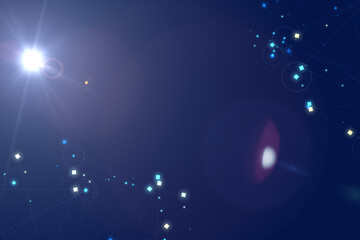 Blue lens flash flare light effect with dots connection on deep blue graduated space background. 3D illustration. 3D CG. 3D high quality rendering.