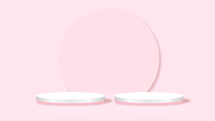 Pink 3D room with realistic cylinder pedestal podium. Minimal scene for product display presentation. Stage for showcase. Vector geometric design platform.
