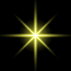 Gold glowing star. Realistic sun rays. Yellow sun ray glow abstract shine light effect. Yellow energy flash. Special lens flare light effect. Vector illustration