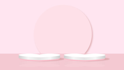 Obraz na płótnie Canvas Pink 3D room with realistic cylinder pedestal podium. Minimal scene for product display presentation. Stage for showcase. Vector geometric design platform. 