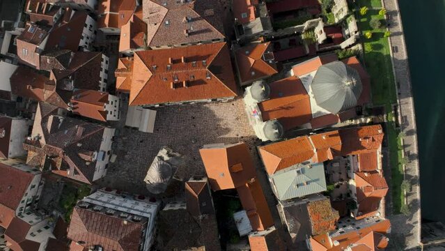 Top down view of square in front of Church in Kotor city. Aerial view