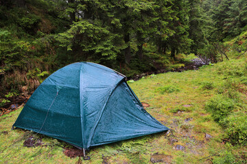 wet tourist tent on meadow