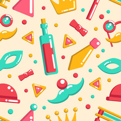 Party and carnival pattern for holidays gifts wrapping, prints, fabrics with party elements, clown's mustache and nose, wine, carnival mask, sweet cookies, ties, funny glasses.